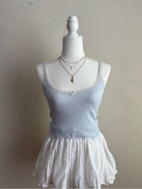 Brandy Melville Light Blue Lace-Trim Ribbed Tank Top - Women